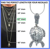 The Sea Turtle Bell necklace gift set comes with a 22 inch sterling silver necklace chain and silver polishing cloth.
