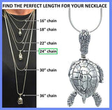 The Sea Turtle Bell necklace gift set comes with a 24 inch sterling silver necklace chain and silver polishing cloth.