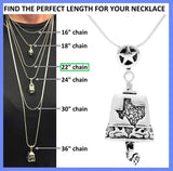 The Spirit of Texas Bell necklace gift set comes with a 22 inch sterling silver necklace chain and silver polishing cloth.