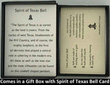 The Spirit of Texas Bell Necklace Gift Set will be carefully packed in a black gift box, with the story card in the lid. A silver elastic bow closes the box.