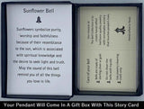 The Sunflower Bell Necklace Gift Set will be carefully packed in a black gift box, with the story card in the lid. A silver elastic bow closes the box.