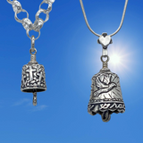 The sterling silver Amazing Grace Bell Charm features the three crosses of Calvary and a dove on the bell body with the crown of thorns going around the top and the clapper is a Shepherd's hook. Also available as a pendant.