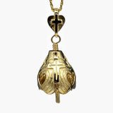 Handcrafted in 10 or 14K, the Gold God Loves You Pendant has three sides, representing the Holy Trinity and three crosses to represent the three crosses of Calvary. The open hearts remind us of His love. The bell's clapper is a cross with a heart at its center. The bail is a heart with a cross at its center.