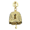 Handcrafted in 10 or 14K, this bell is shaped like an antique padlock. There is a large heart with a key hole in its center on the both sides of the bell. The key is the clapper and the bail resembles the handle of a skeleton key. 