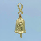 Handcrafted in 10 or 14K, a sunrise is depicted on the side of the Survivors Bell Pendant. A ribbon forms the bail and a feather the clapper of this unique gold bell pendant.